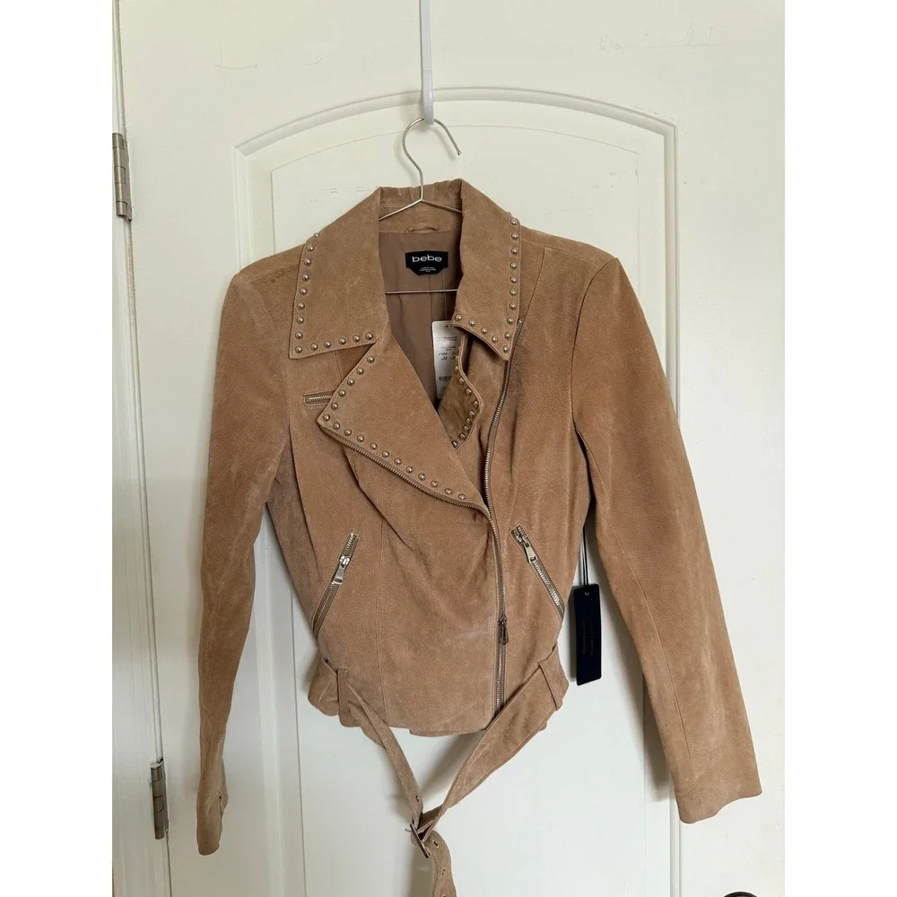 Bebe Suede Moto Jacket Women Size M Camel New‎ Studded Leather Biker Coat